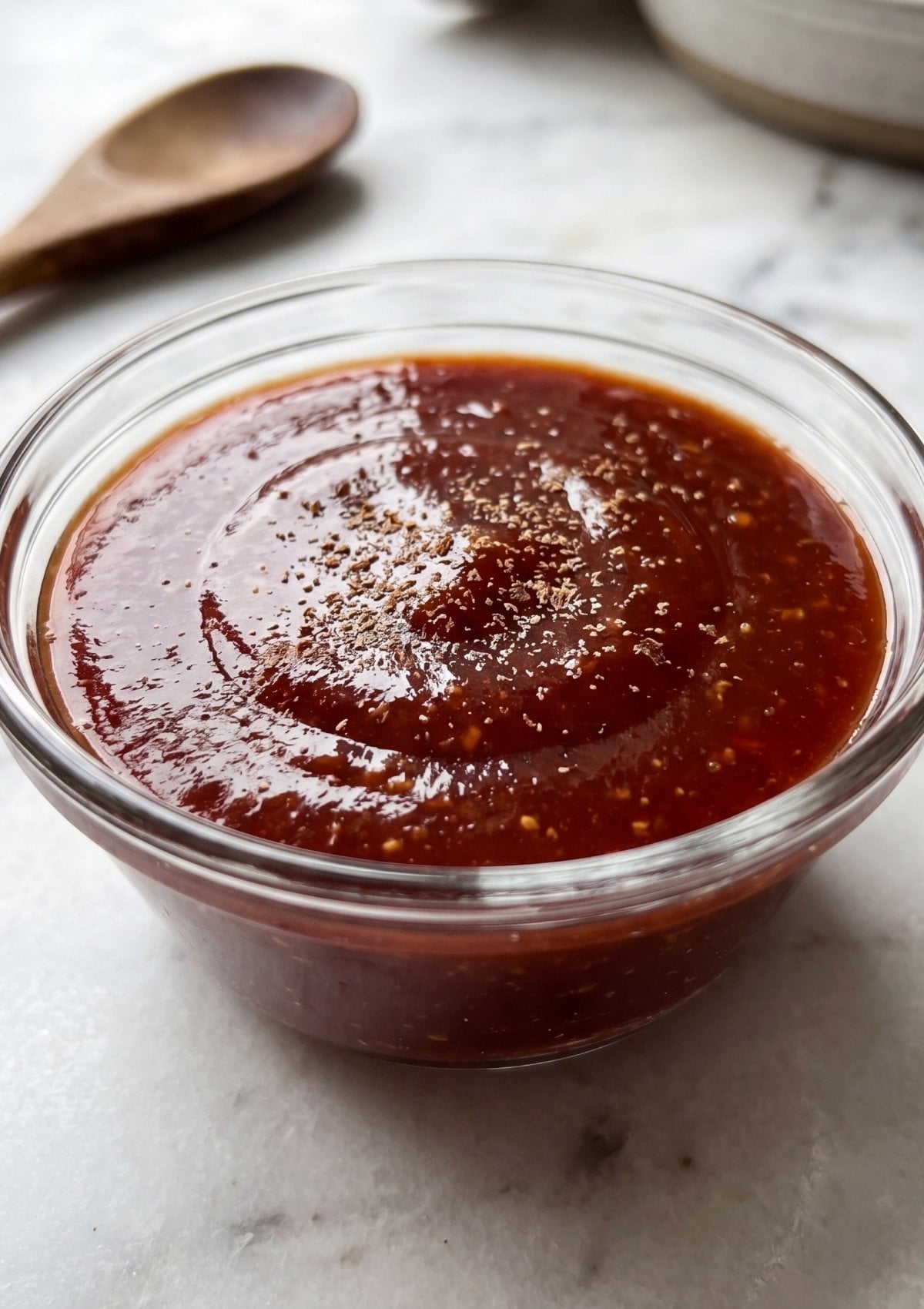 A glass bowl filled with a smooth, dark red meatloaf glaze topped with spices.