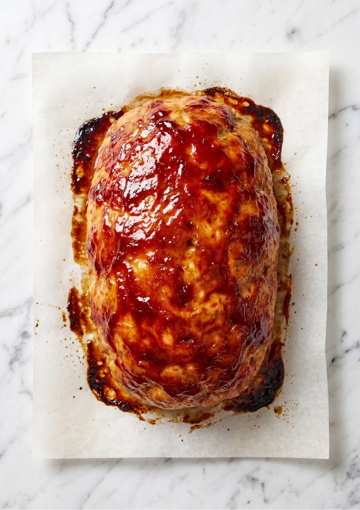 Close-up overhead shot of a perfectly cooked chicken meatloaf featuring a bubbly, dark red sticky glaze.