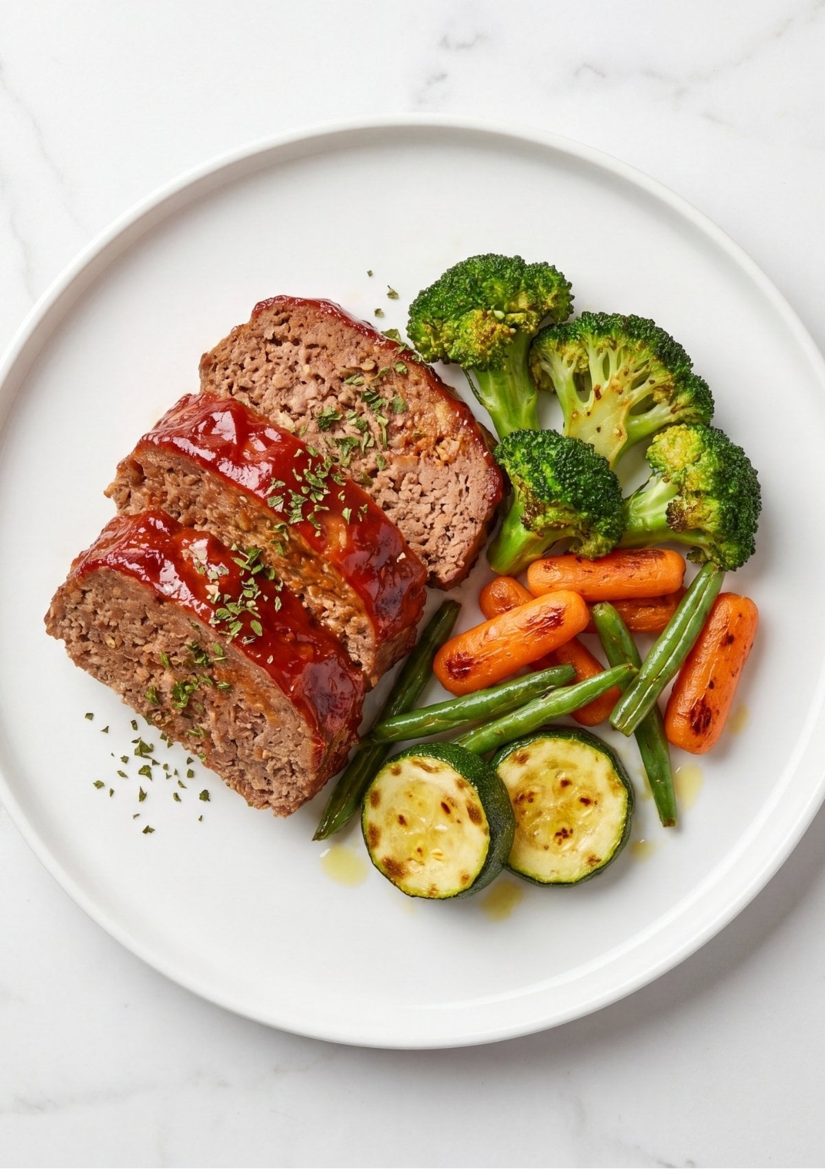 Three slices of savory meatloaf garnished with dried herbs, served alongside a colorful medley of charred garden vegetables on a white plate.