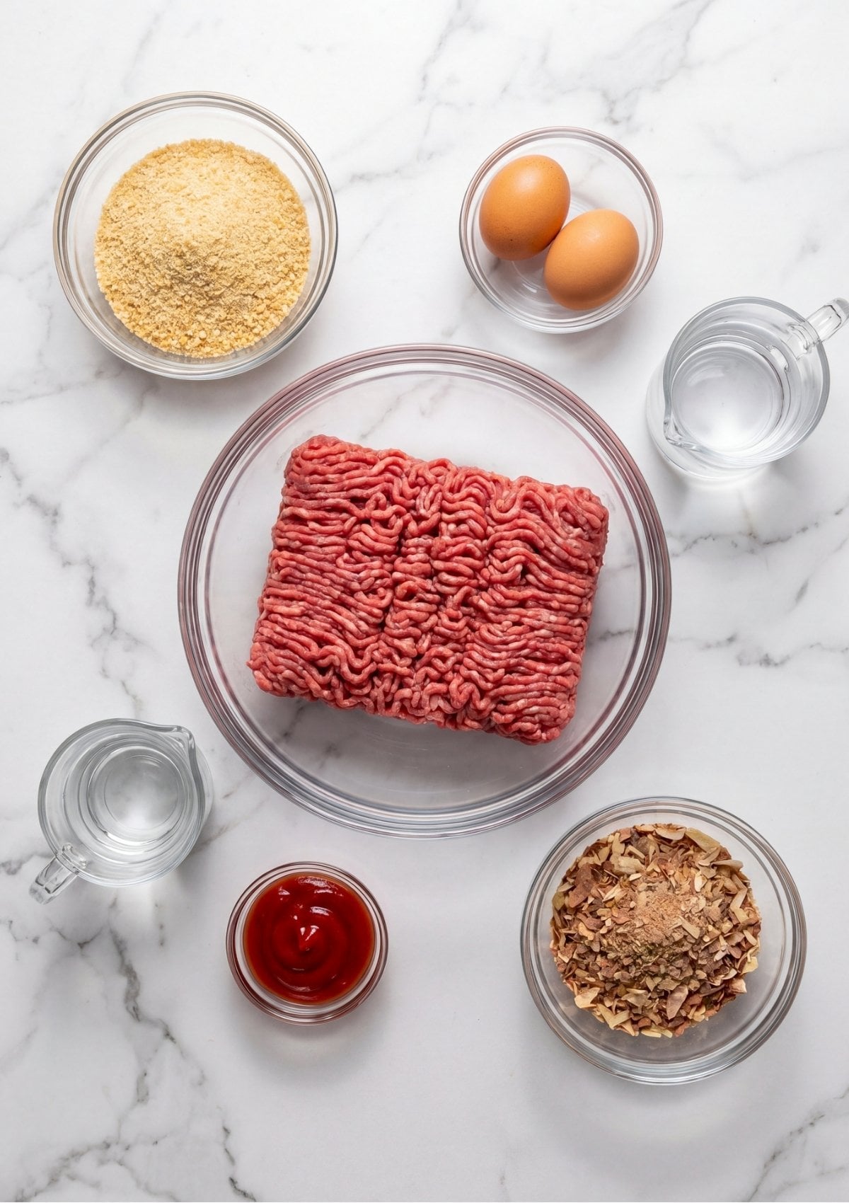 An organized overhead shot of ingredients on a marble surface, including ground beef, two eggs, breadcrumbs, ketchup, water, and Lipton onion soup mix in glass bowls.