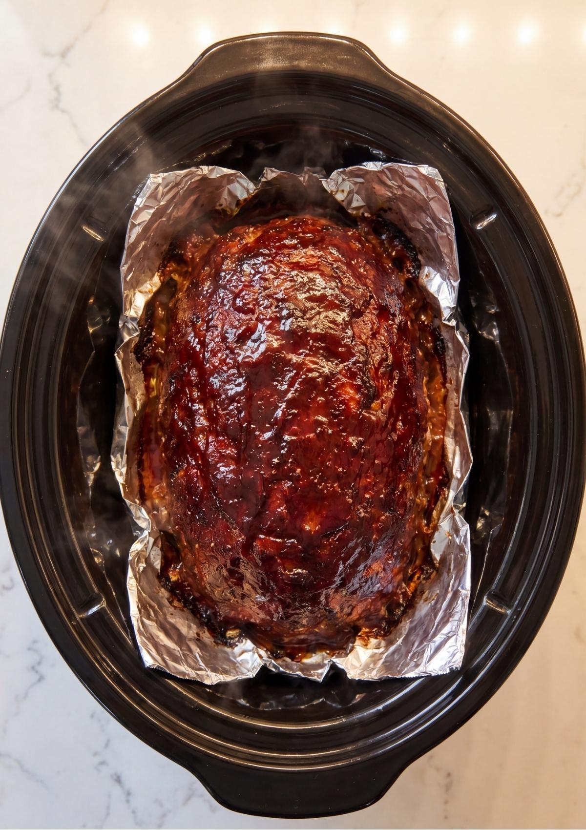 A cooked meatloaf topped with a dark red glaze sitting inside a slow cooker lined with aluminum foil