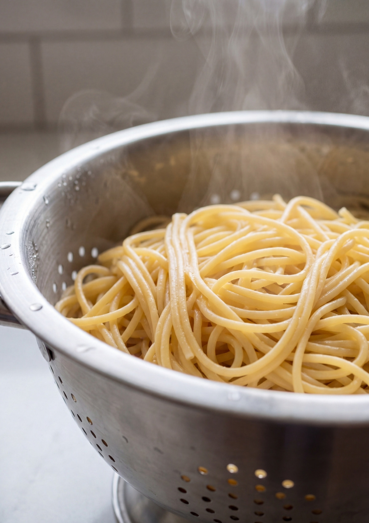 Steaming hot, perfectly cooked spaghetti noodles being drained in a stainless steel colander over a kitchen sink.