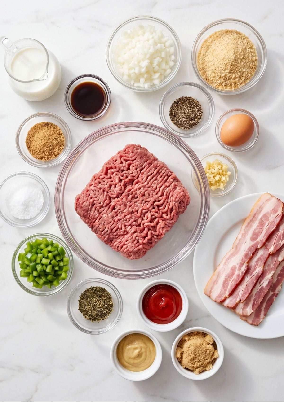 Overhead view of raw ground beef, bacon strips, eggs, milk, and spices in small glass bowls