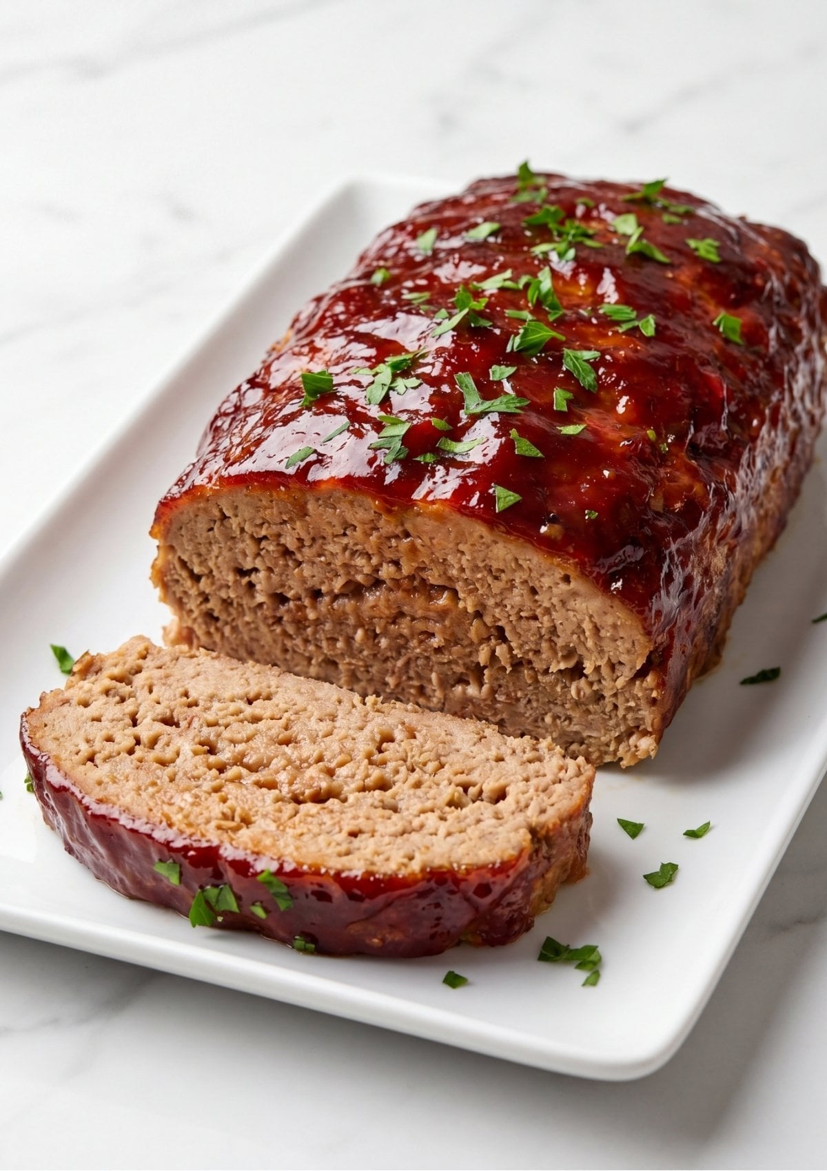 A sliced turkey meatloaf with a dark red glaze and fresh parsley garnish on a white rectangular platter.