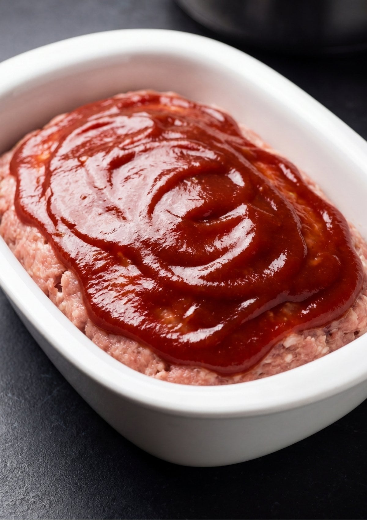 Thick red ketchup glaze spread evenly in a swirl pattern over a raw ground turkey meatloaf inside a white baking dish.