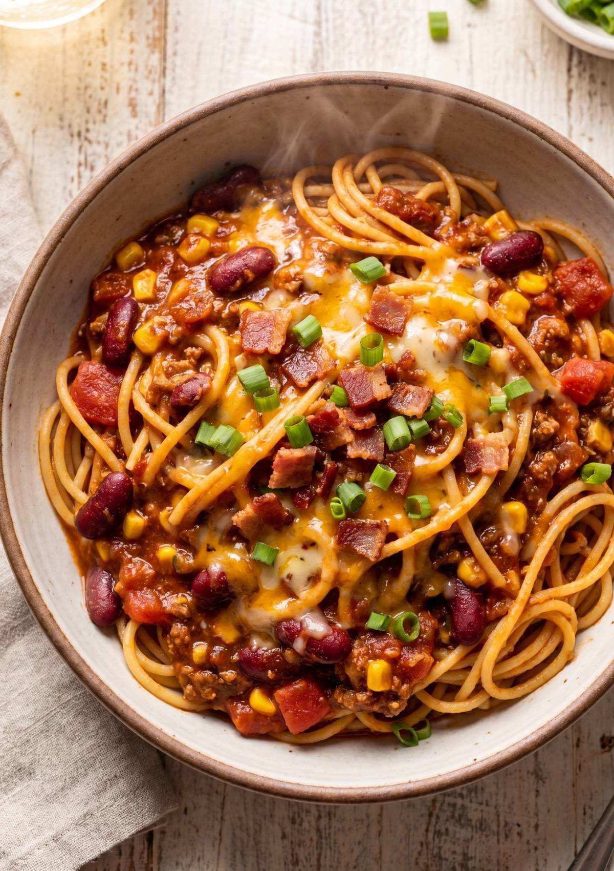 A rustic ceramic bowl filled with Cowboy Spaghetti topped with corn, diced tomatoes, kidney beans, bacon bits, and green onions.