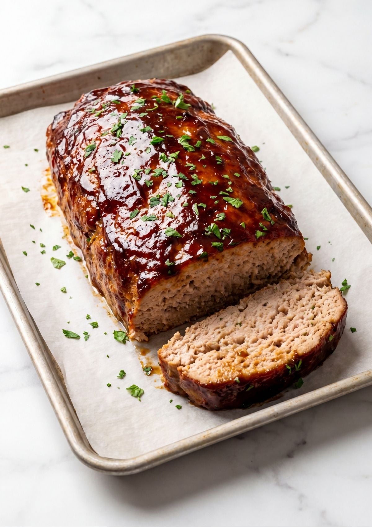A freshly baked and glazed turkey meatloaf with the first slice cut away to reveal a tender, juicy interior on a baking sheet.