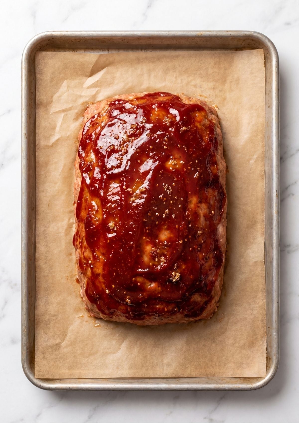 An unbaked turkey meatloaf coated in a thick layer of red ketchup glaze resting on a parchment-lined baking sheet before going into the oven.