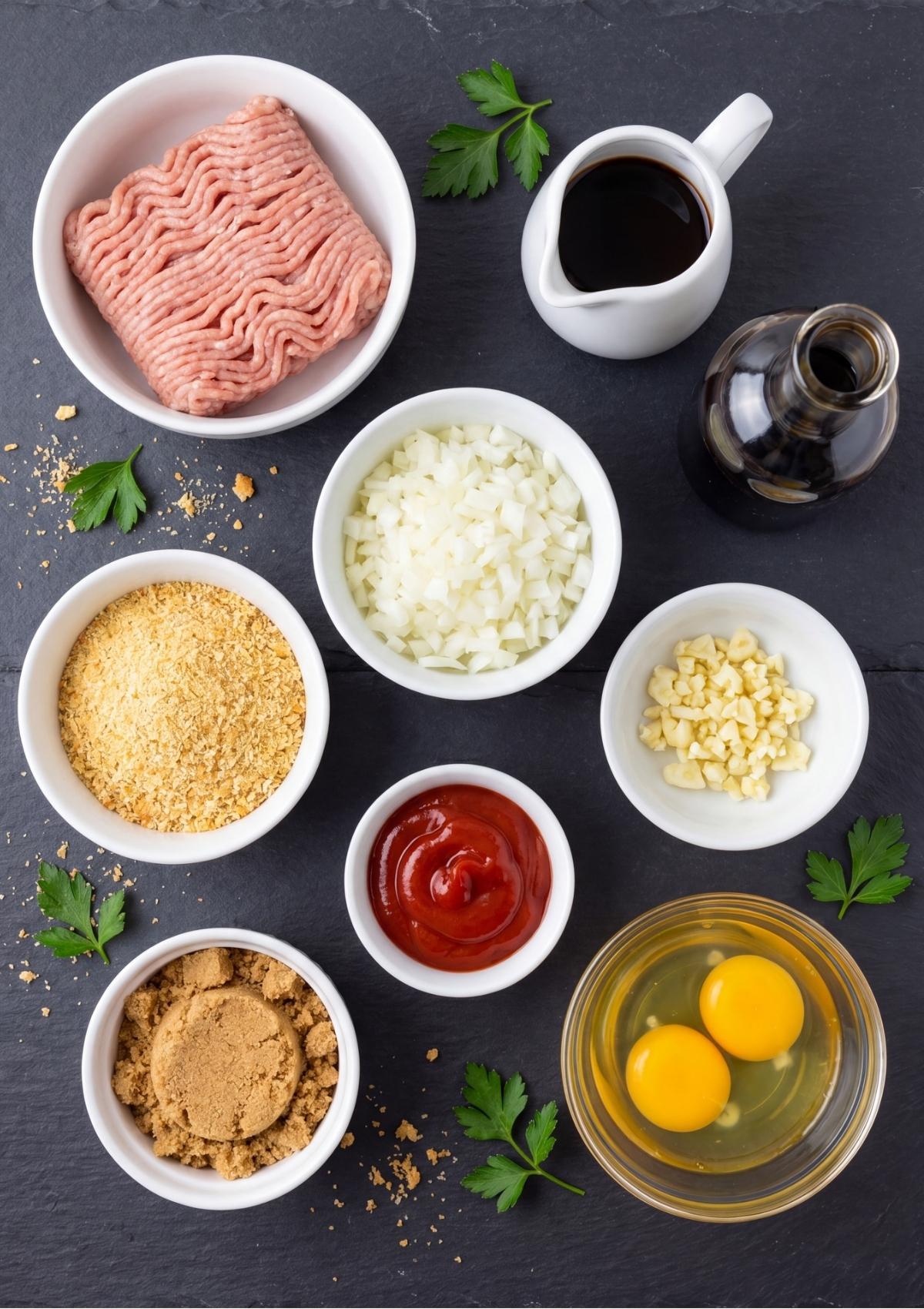 A top-down view of individual white bowls containing ground turkey, breadcrumbs, diced onions, minced garlic, ketchup, brown sugar, eggs, and liquids on a dark slate background