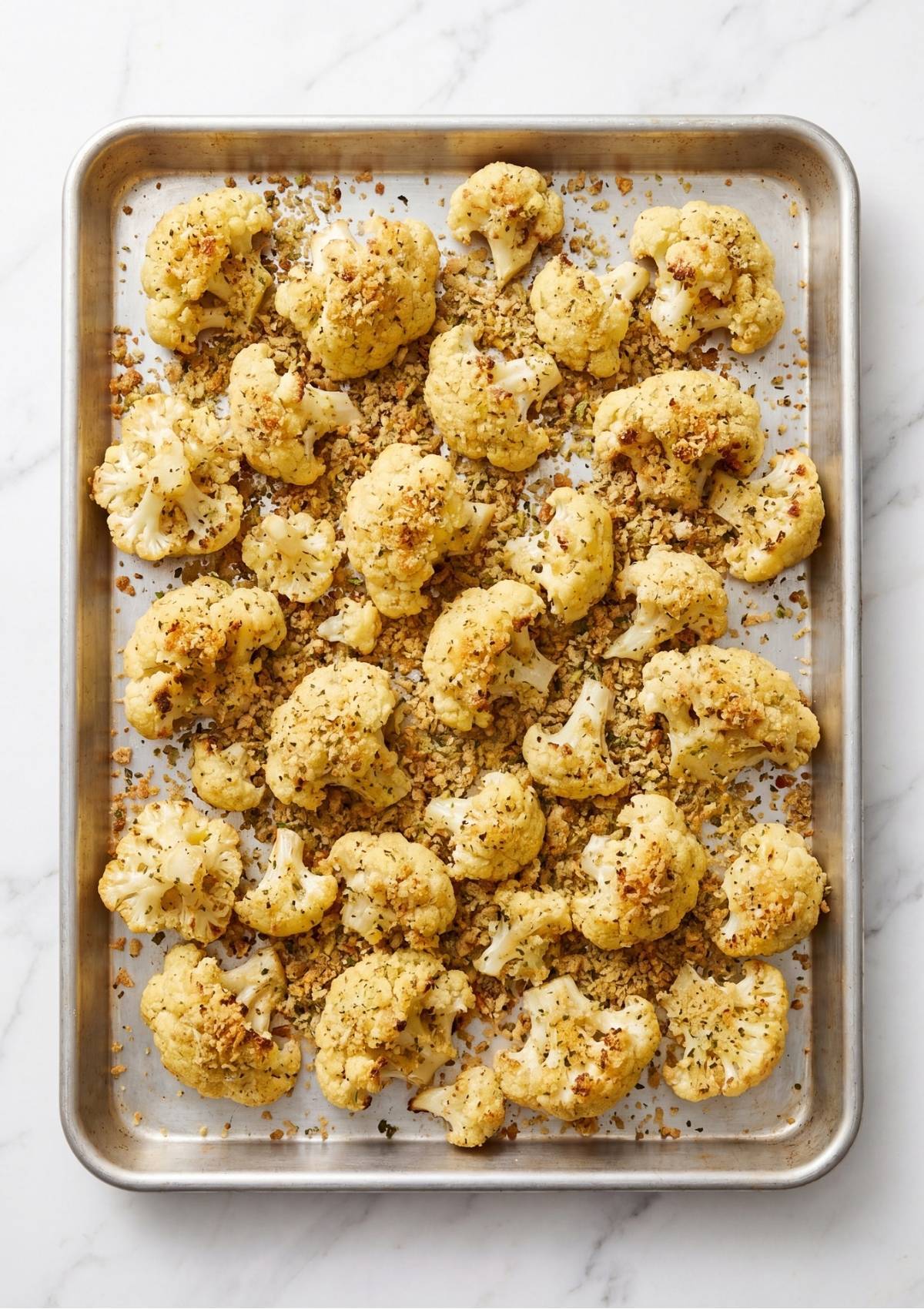 Roasted cauliflower florets seasoned with herbs and topped with golden brown breadcrumbs on a rimmed baking sheet