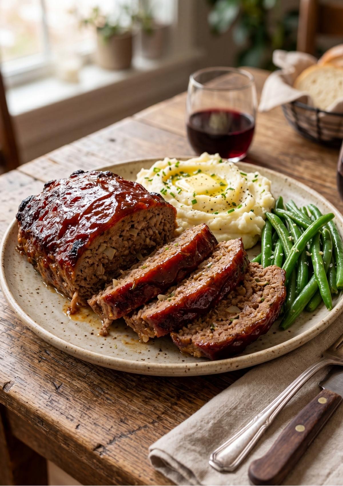 A cooked meatloaf with a dark, caramelized glaze sitting in a loaf pan on a wire cooling rack.