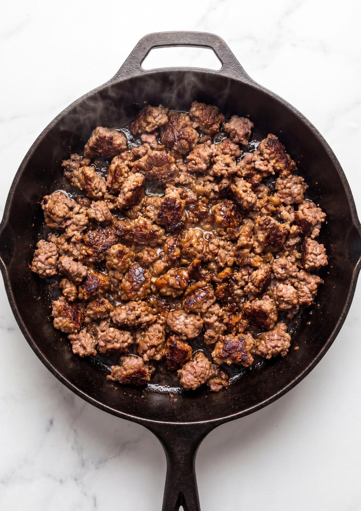 Chunks of ground beef browning in a cast iron skillet, showing a perfect sear for the cowboy spaghetti base.