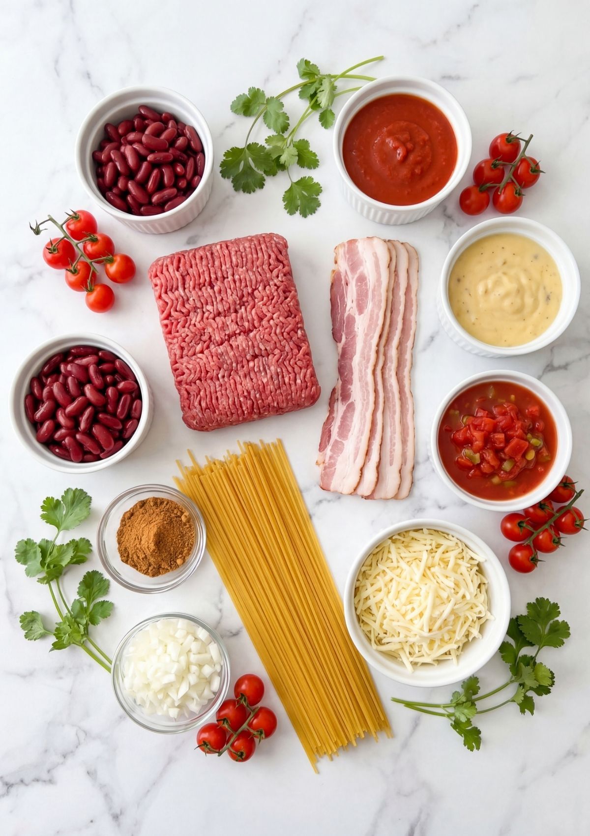 Overhead view of Cowboy Spaghetti Casserole ingredients including pasta, ground beef, bacon, beans, and cheese.