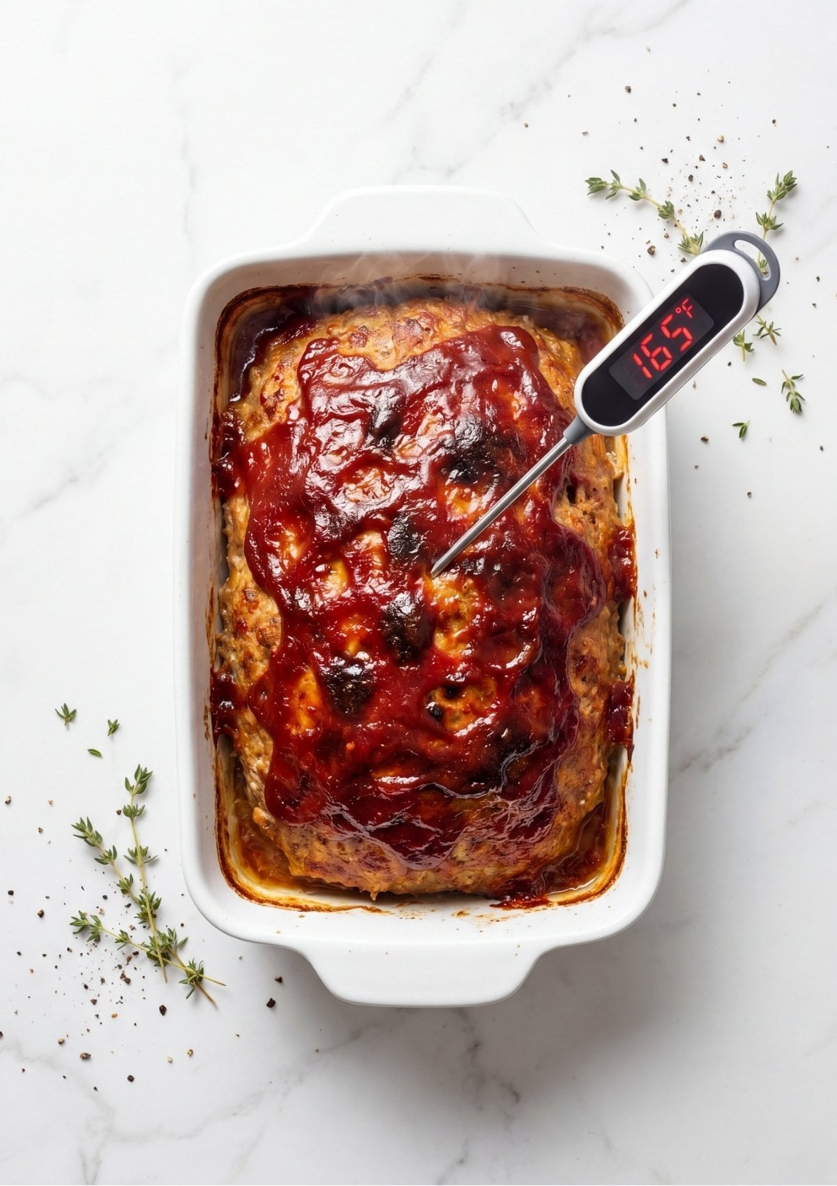 A digital meat thermometer inserted into a glazed meatloaf showing a reading of 165 degrees.