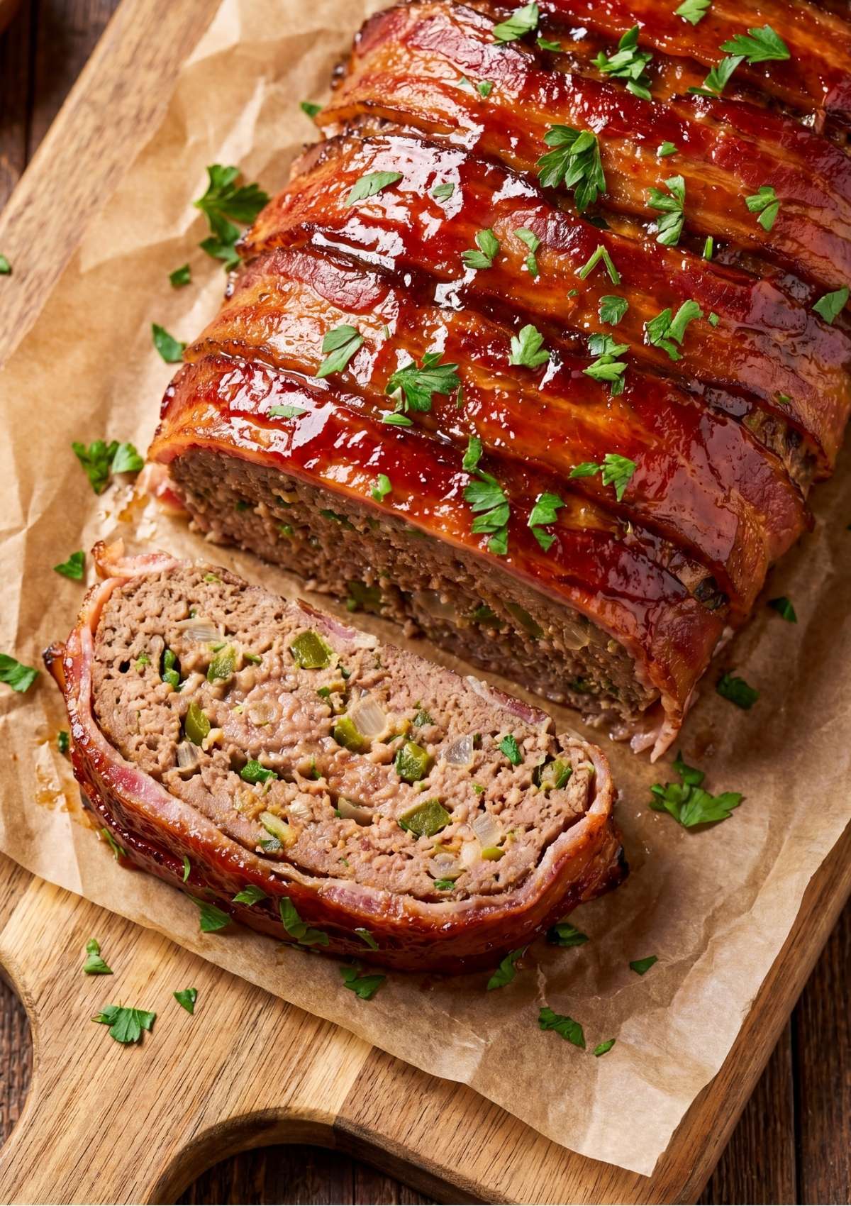 Close up of a single slice of bacon wrapped meatloaf showing the interior texture and green peppers