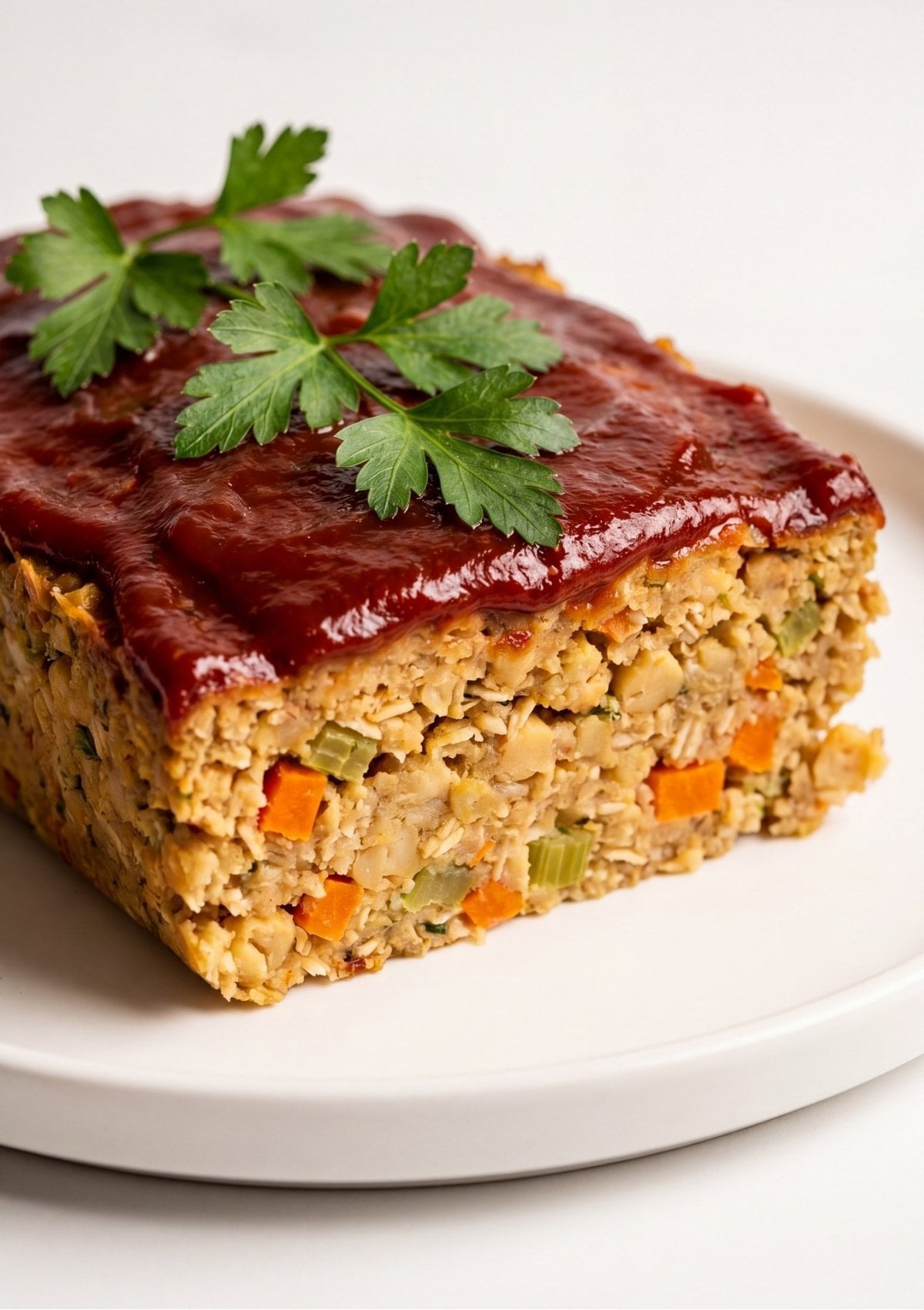 A close up side view of a thick slice of vegan meatloaf on a white plate topped with a dark red glaze and fresh green parsley garnish