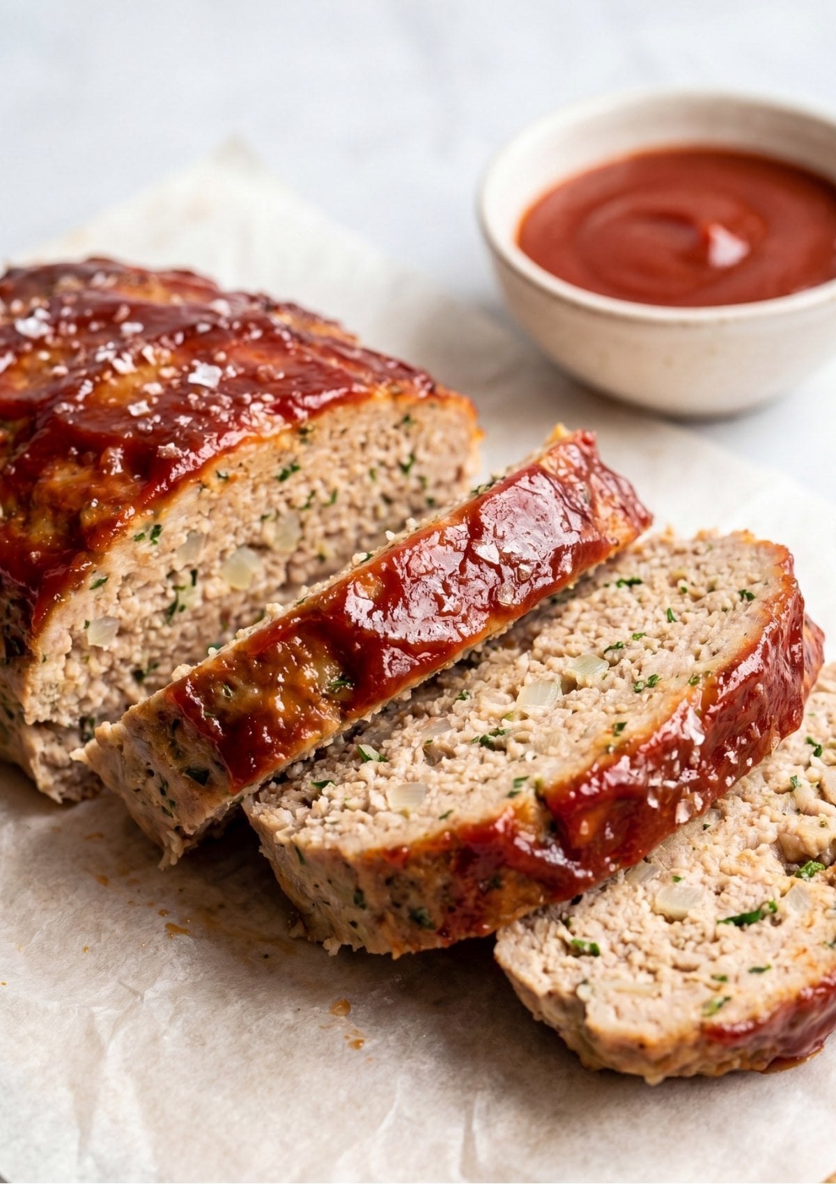 Sliced turkey meatloaf with a glossy red glaze served on parchment paper alongside a small bowl of extra sauce