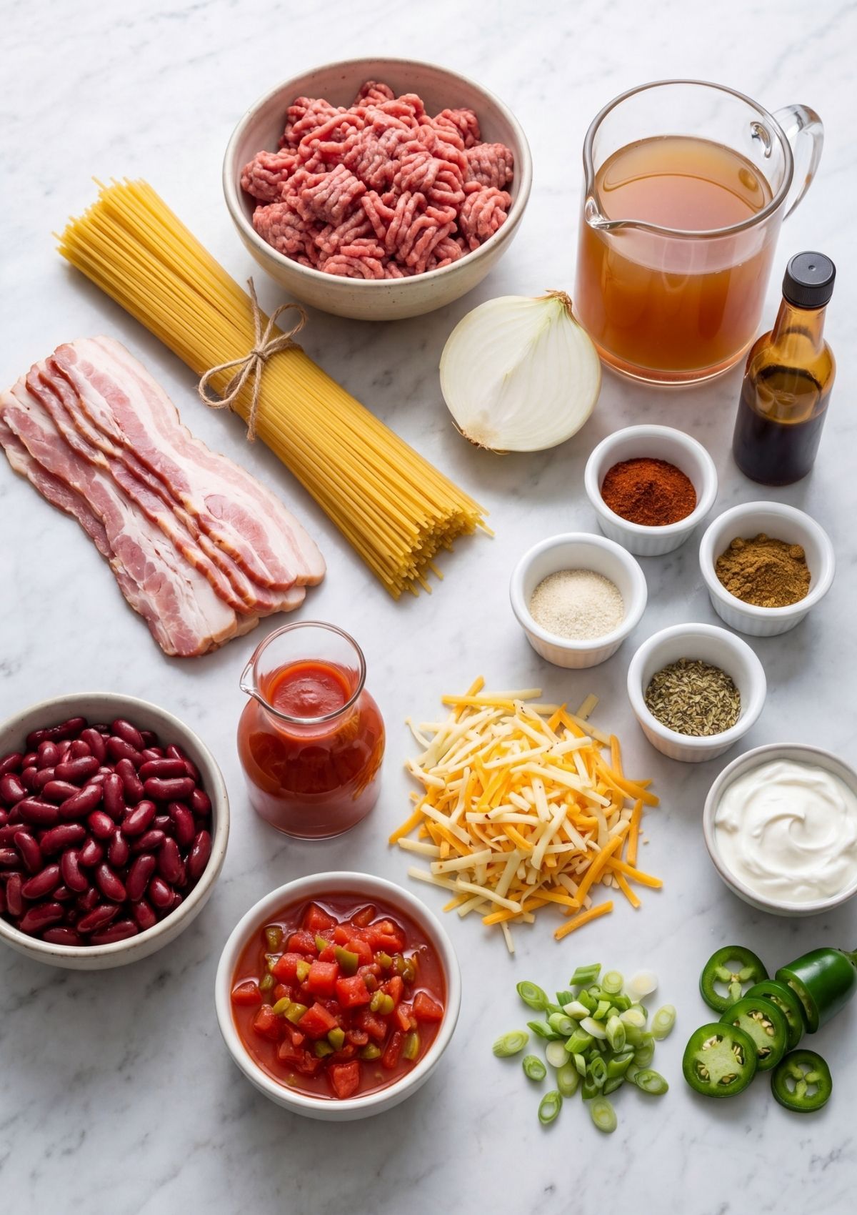 A top-down view of raw ingredients including ground beef, bacon, spaghetti, beef broth, kidney beans, rotel, cheese, and various spices on a marble surface.