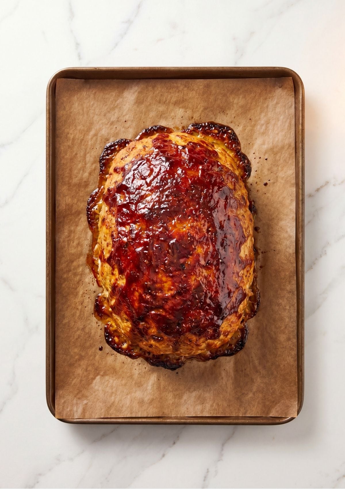 A fully baked turkey meatloaf covered in a caramelized brown glaze sitting on a piece of brown parchment paper on a baking sheet.