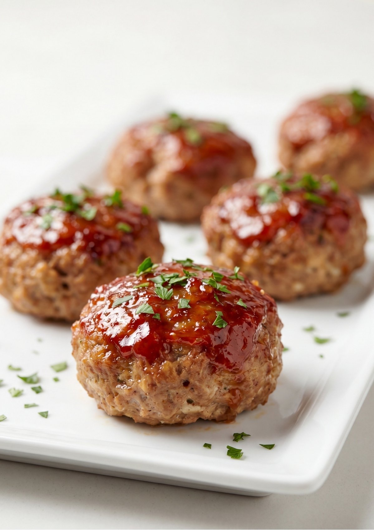 A close-up shot of individual mini turkey meatloaves with a glossy red glaze and parsley garnish lined up on a long white plate