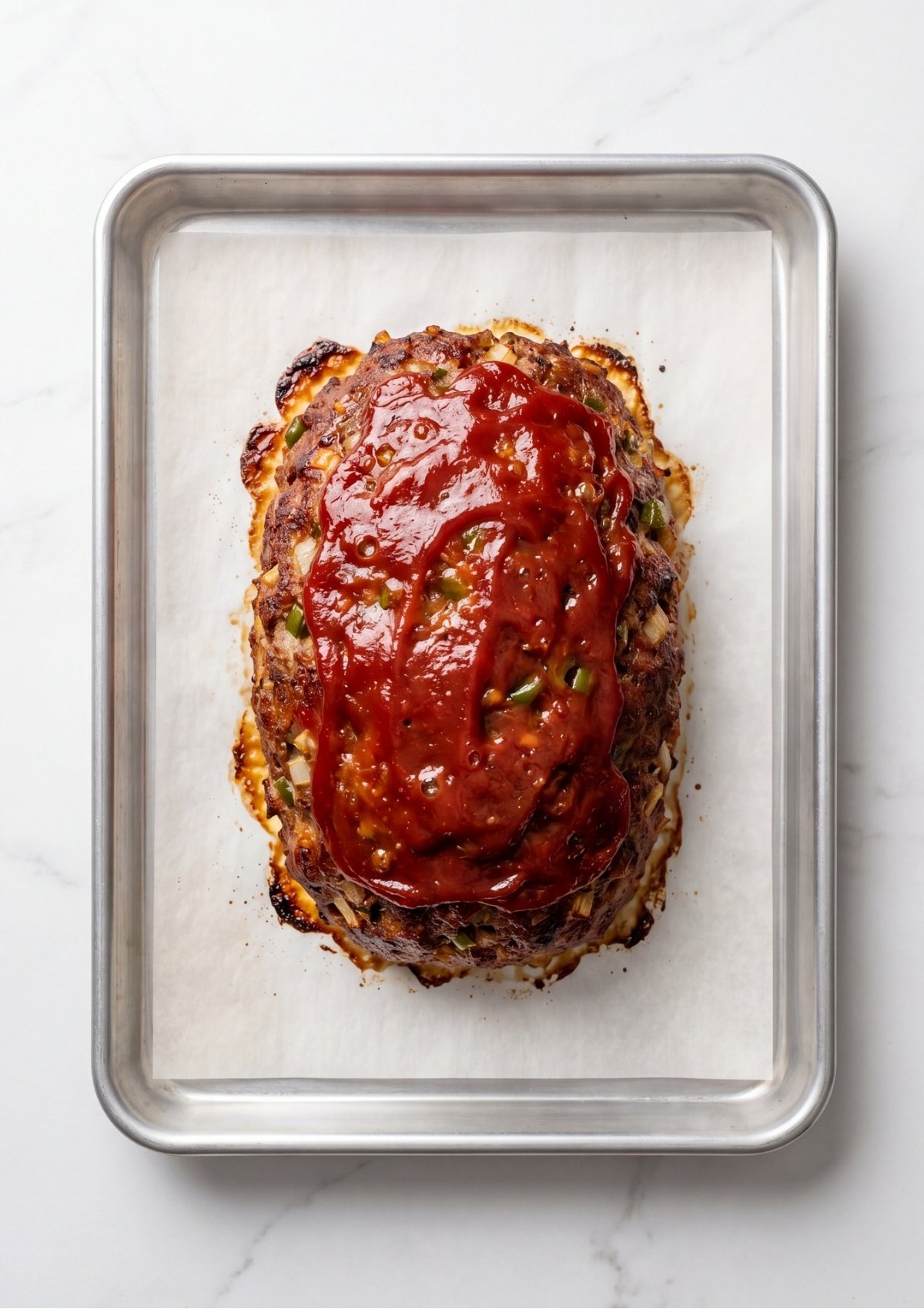Close-up of a cooked meatloaf with a generous layer of tomato-based glaze spread across the top surface.