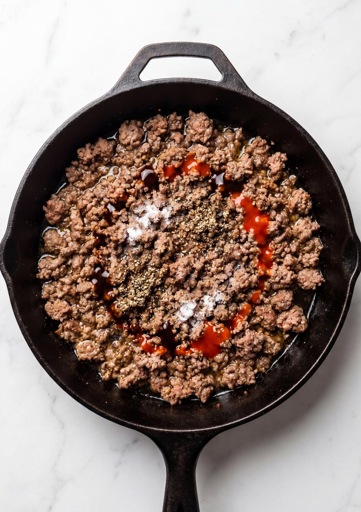 Worchestershire sauce, hot sauce, and spices being added to browned ground beef in a skillet.