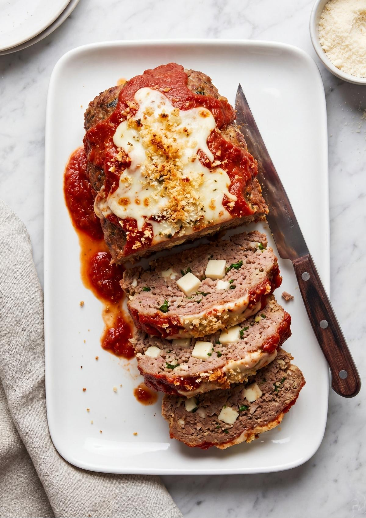 A platter of sliced Italian meatloaf topped with marinara and melted cheese, revealing mozzarella cubes inside.