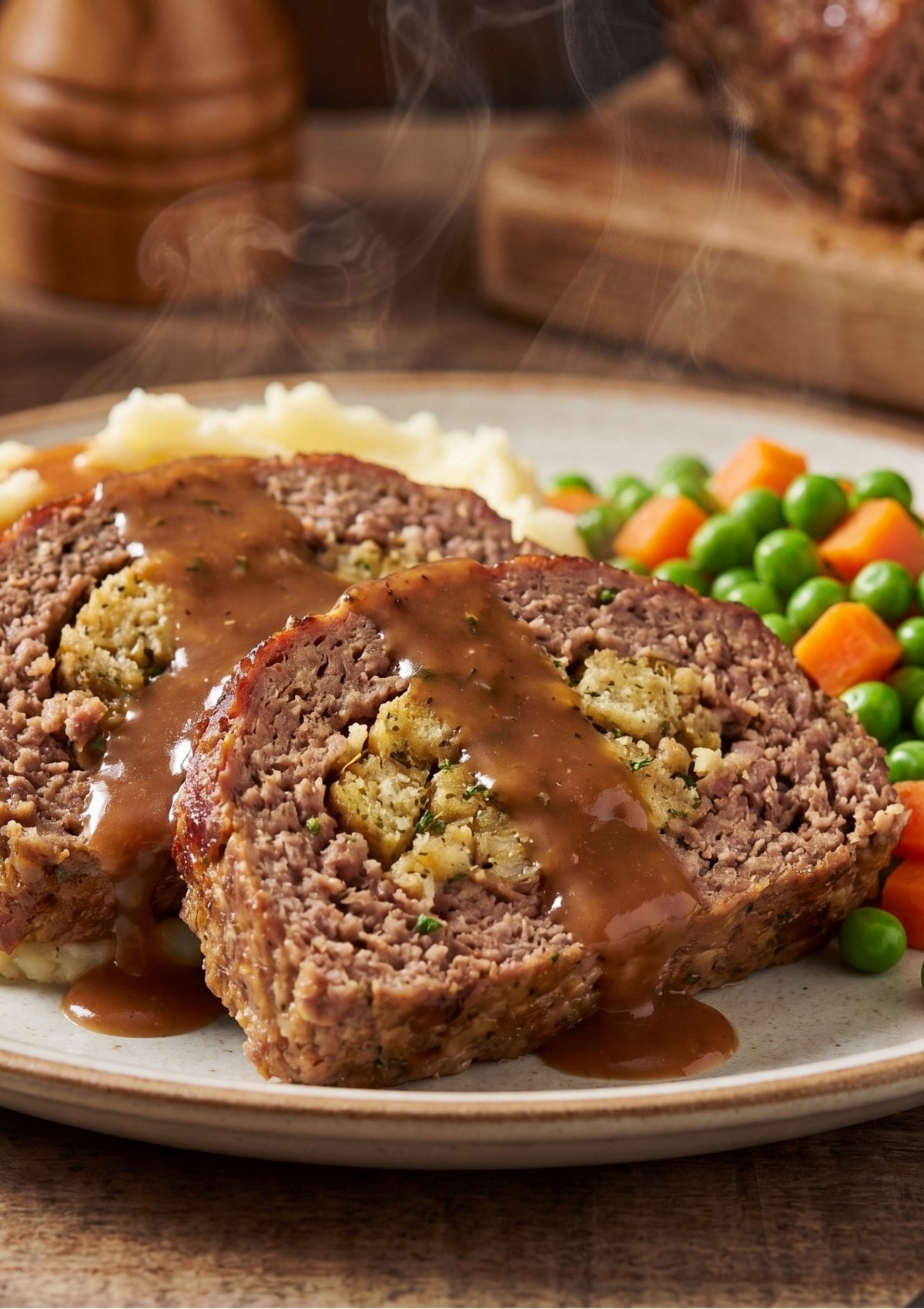 A close up view of a sliced meatloaf showing the moist stuffing pieces inside the beef mixture