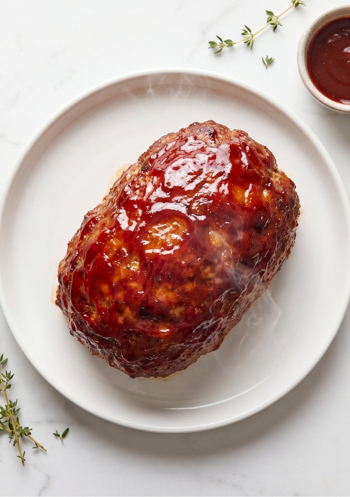 Whole glazed meatloaf resting on a white plate garnished with fresh thyme sprigs.
