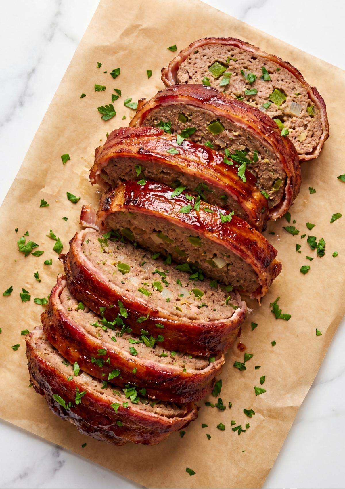 Thick slices of meatloaf wrapped in glazed bacon arranged on a piece of brown parchment paper