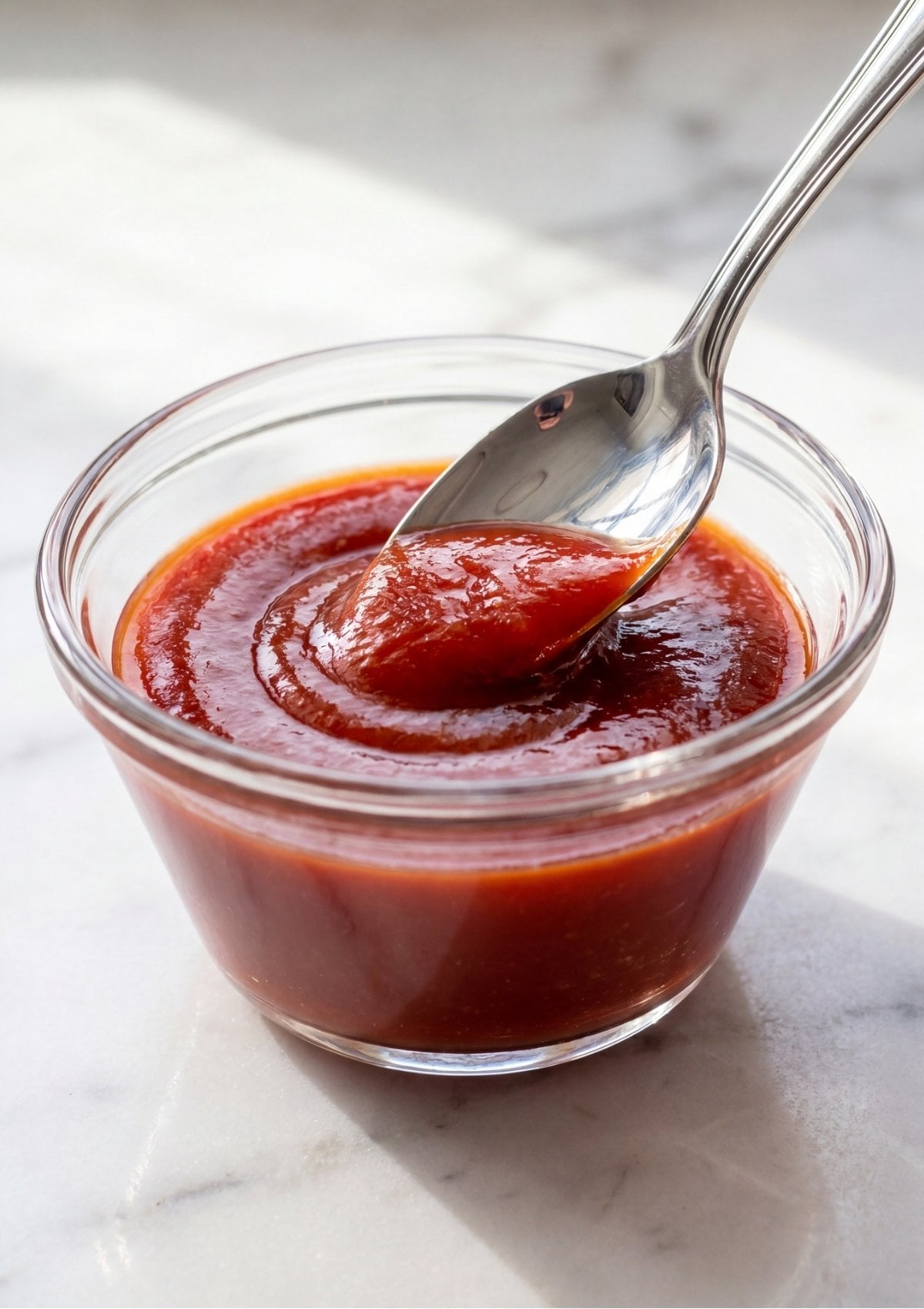 A small glass bowl filled with smooth red meatloaf glaze with a silver spoon resting inside.