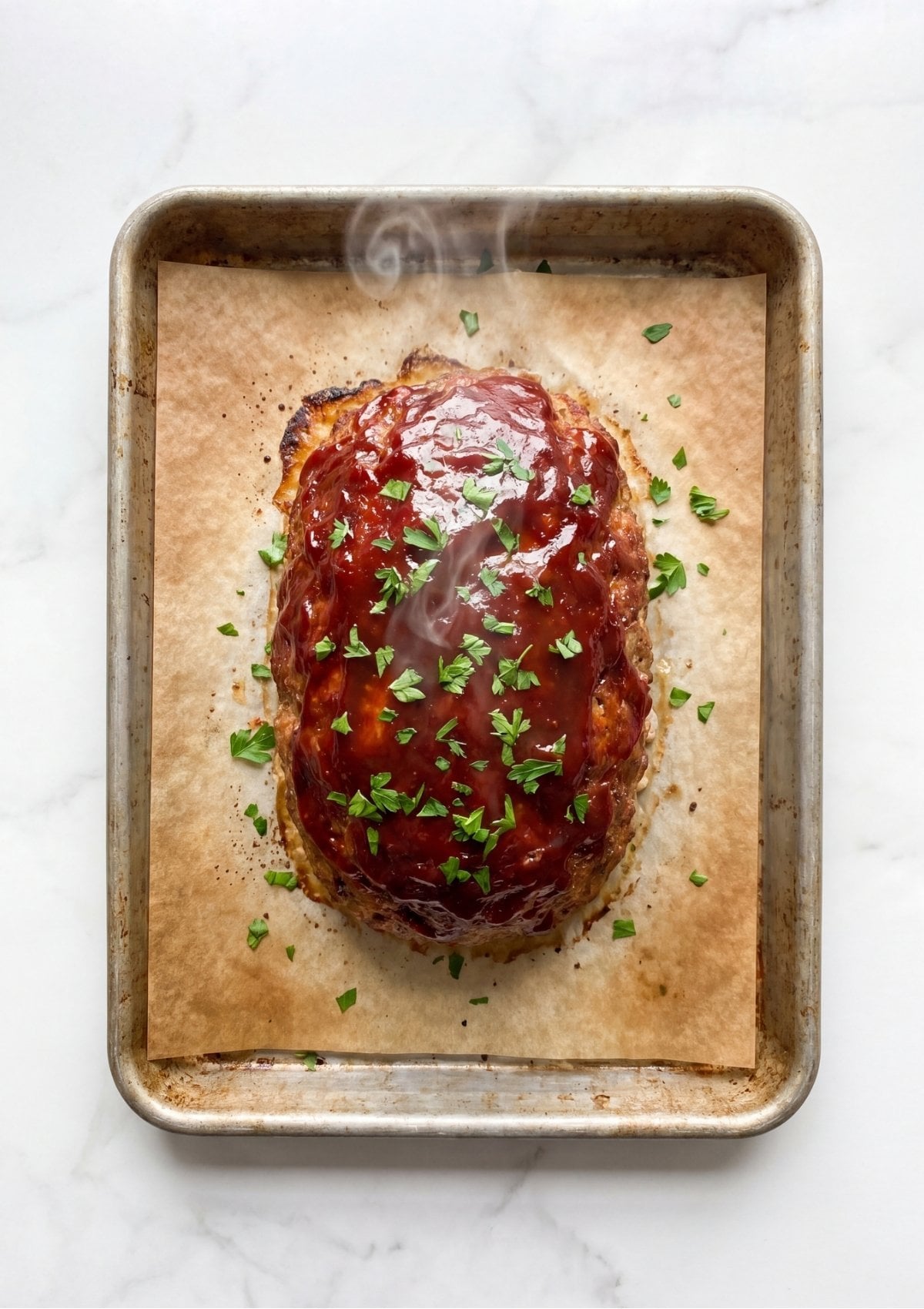 A fully baked and steaming ground turkey meatloaf topped with a dark red glaze and fresh green parsley on a metal baking pan.