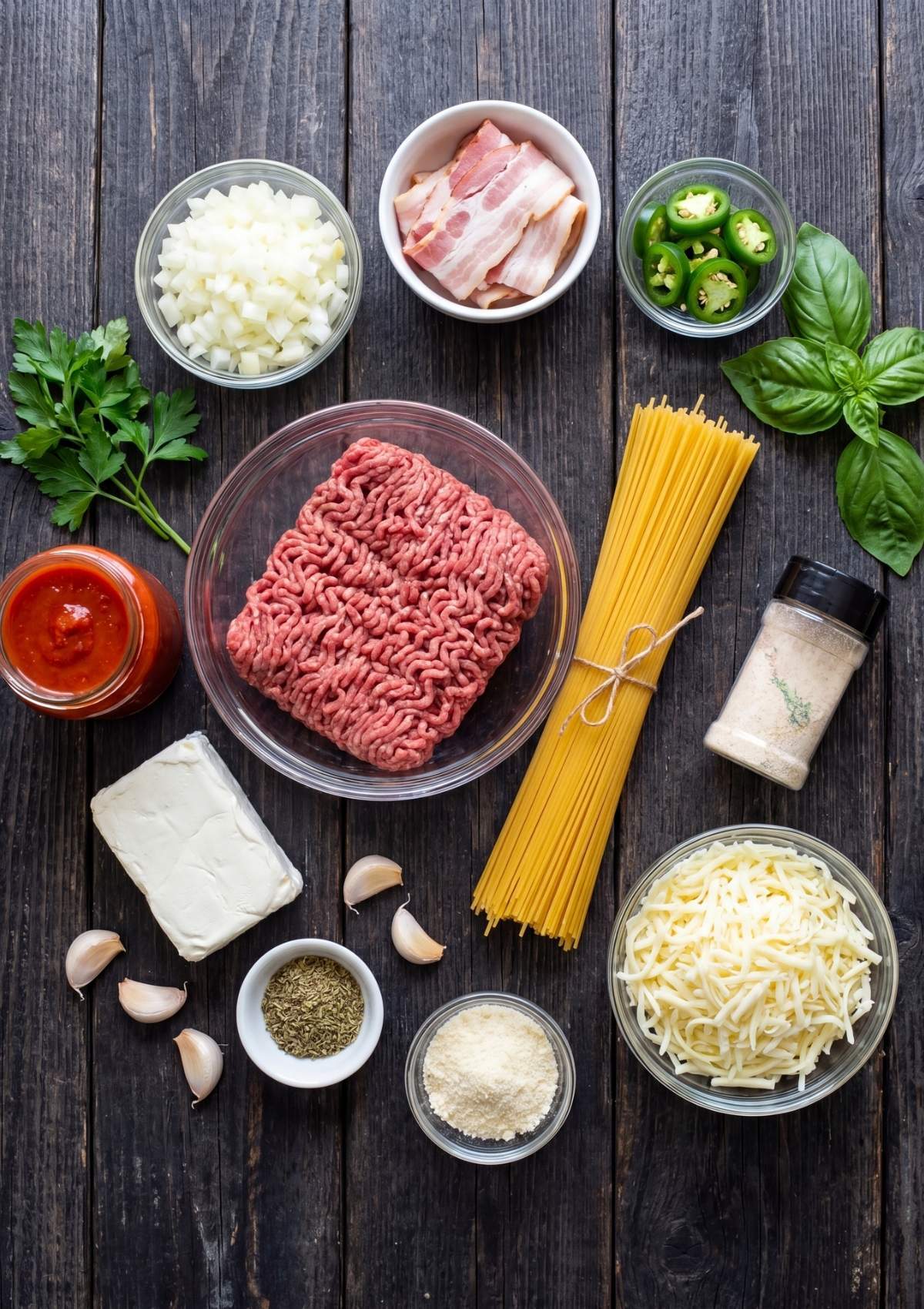 A flat-lay arrangement of recipe ingredients on a dark wooden background, including ground beef, spaghetti, cream cheese, bacon, jalapeños, onions, garlic, marinara sauce, and shredded cheese.