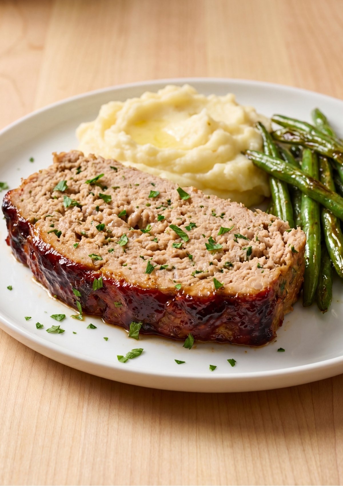 A single thick slice of turkey meatloaf topped with a rich dark glaze served with a side of mashed potatoes and green beans on a white plate