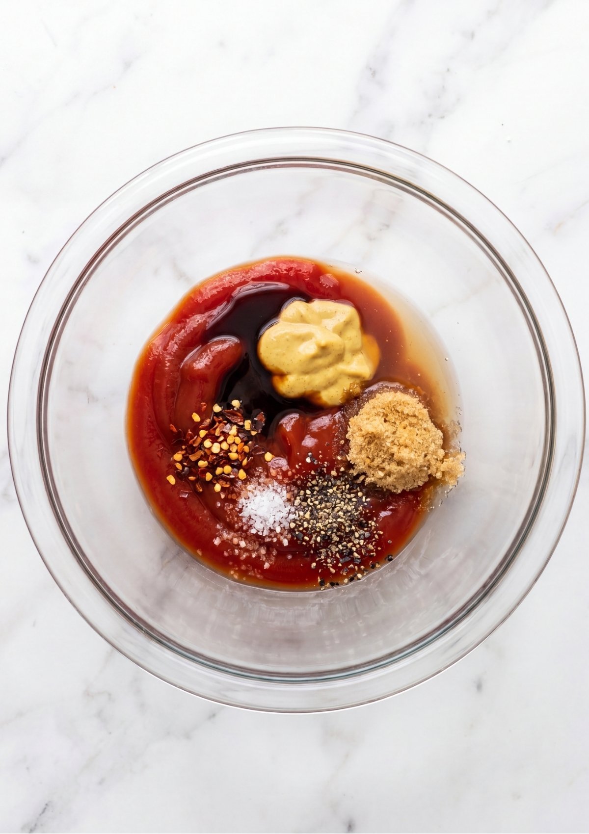 Ketchup, mustard, brown sugar, Worcestershire sauce, and spices layered in a glass bowl before being whisked together.