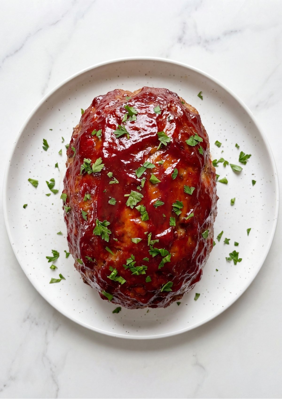 An overhead view of a whole baked turkey meatloaf topped with a red ketchup glaze and sprinkled with fresh chopped parsley on a white plate.