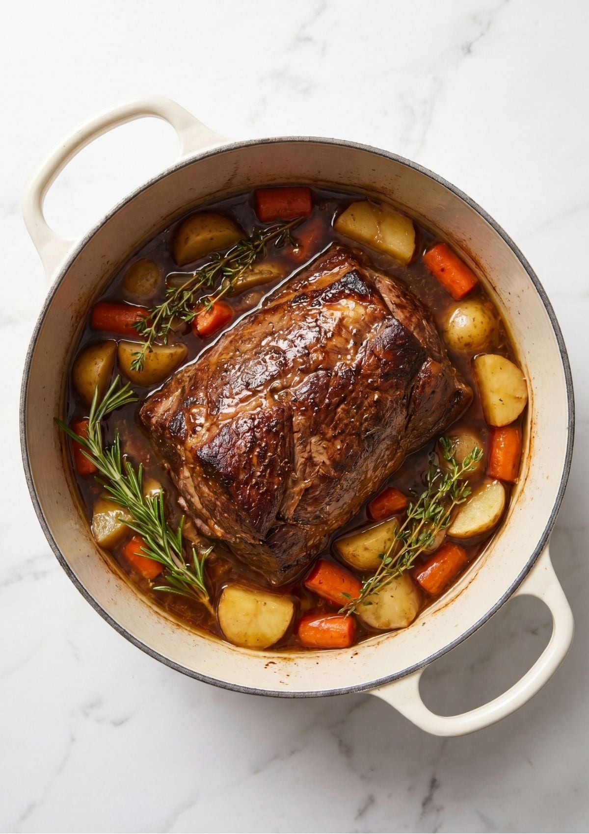 A tender arm roast pot roast simmering in a rich broth with whole garlic cloves, carrots, and potatoes inside a white Dutch oven garnished with fresh rosemary and thyme.