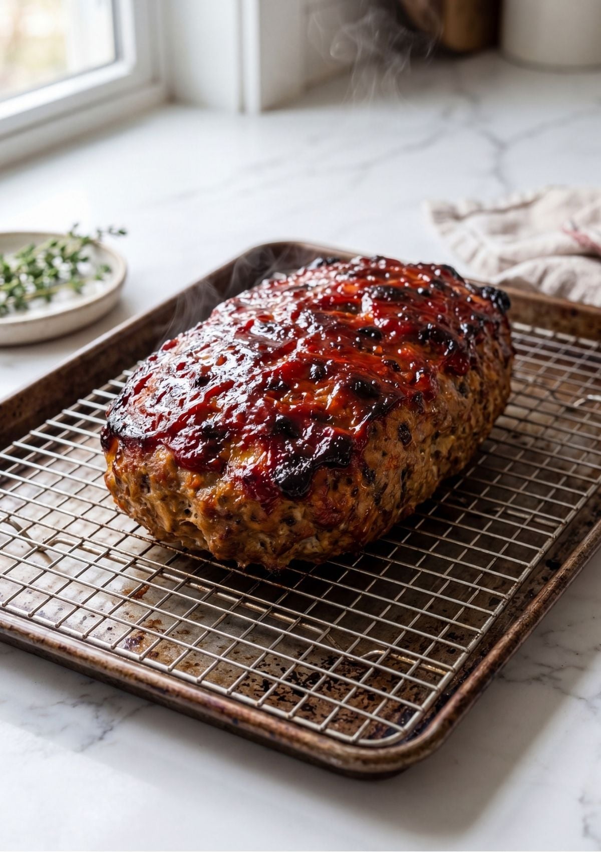 A fully cooked, steaming turkey meatloaf with a caramelized dark red glaze resting on a wire cooling rack over a baking sheet.
