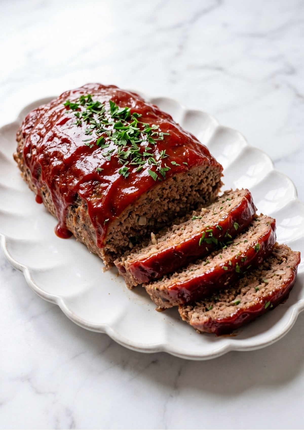 A moist meatloaf with a red ketchup glaze and fresh parsley garnish, partially sliced on a white decorative serving platter.
