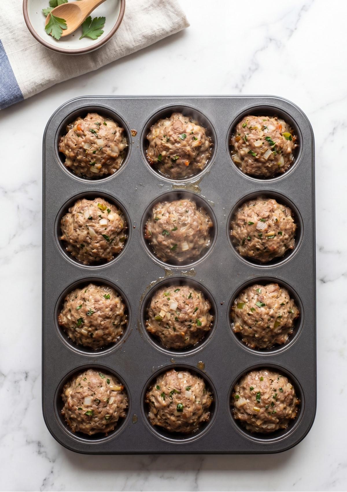 Steam rising from cooked mini meatloaves in a muffin pan on a marble surface.