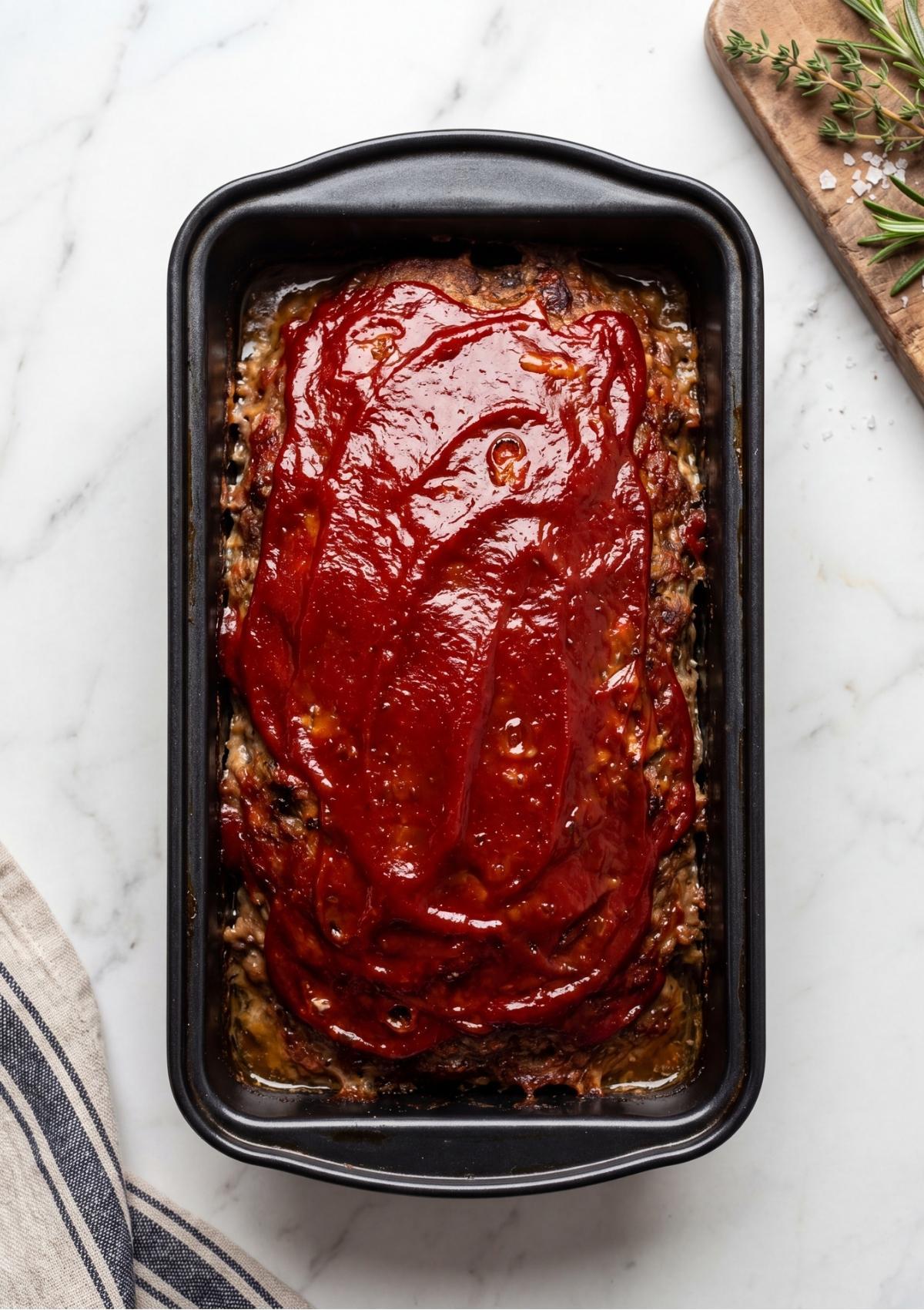 Applying a second layer of fresh red glaze to a warm, baked meatloaf for extra flavor.