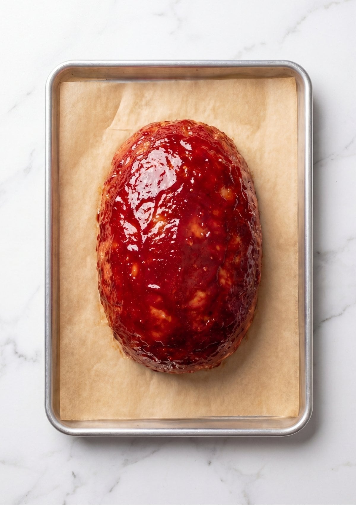 Top-down view of a raw chicken meatloaf generously coated with a thick, red BBQ glaze before baking.