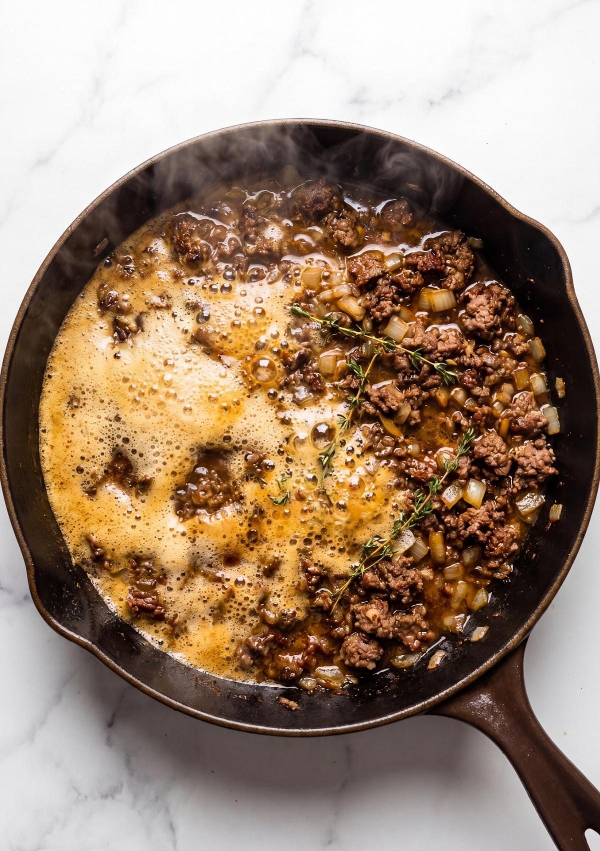 Ground beef and onions simmering in a cast iron skillet with fresh thyme sprigs on a white marble background.