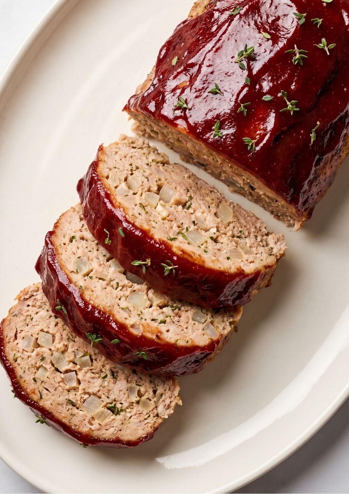A flat lay view of recipe ingredients including ground turkey, breadcrumbs, diced onions, milk, an egg, garlic, ketchup, and brown sugar in small bowls.