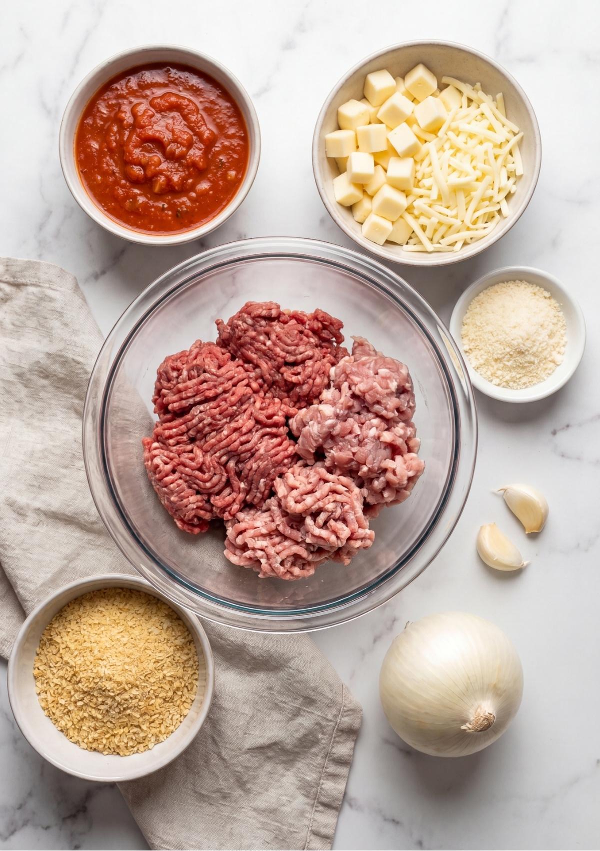 Raw ground beef and pork in a bowl surrounded by small dishes of marinara, mozzarella cubes, parmesan, breadcrumbs, and garlic.