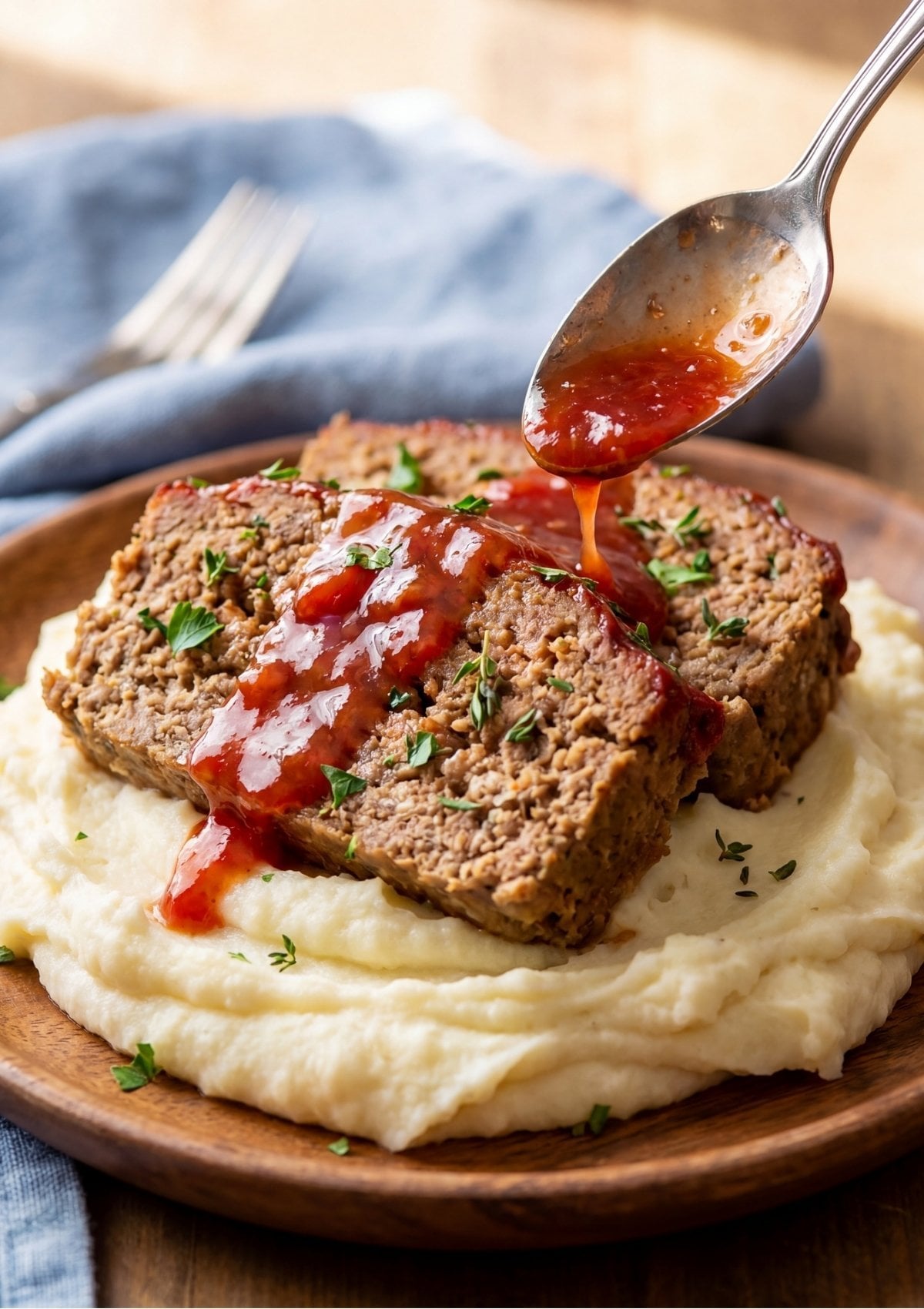Slices of meatloaf on a bed of mashed potatoes with a spoon pouring red glaze over the top