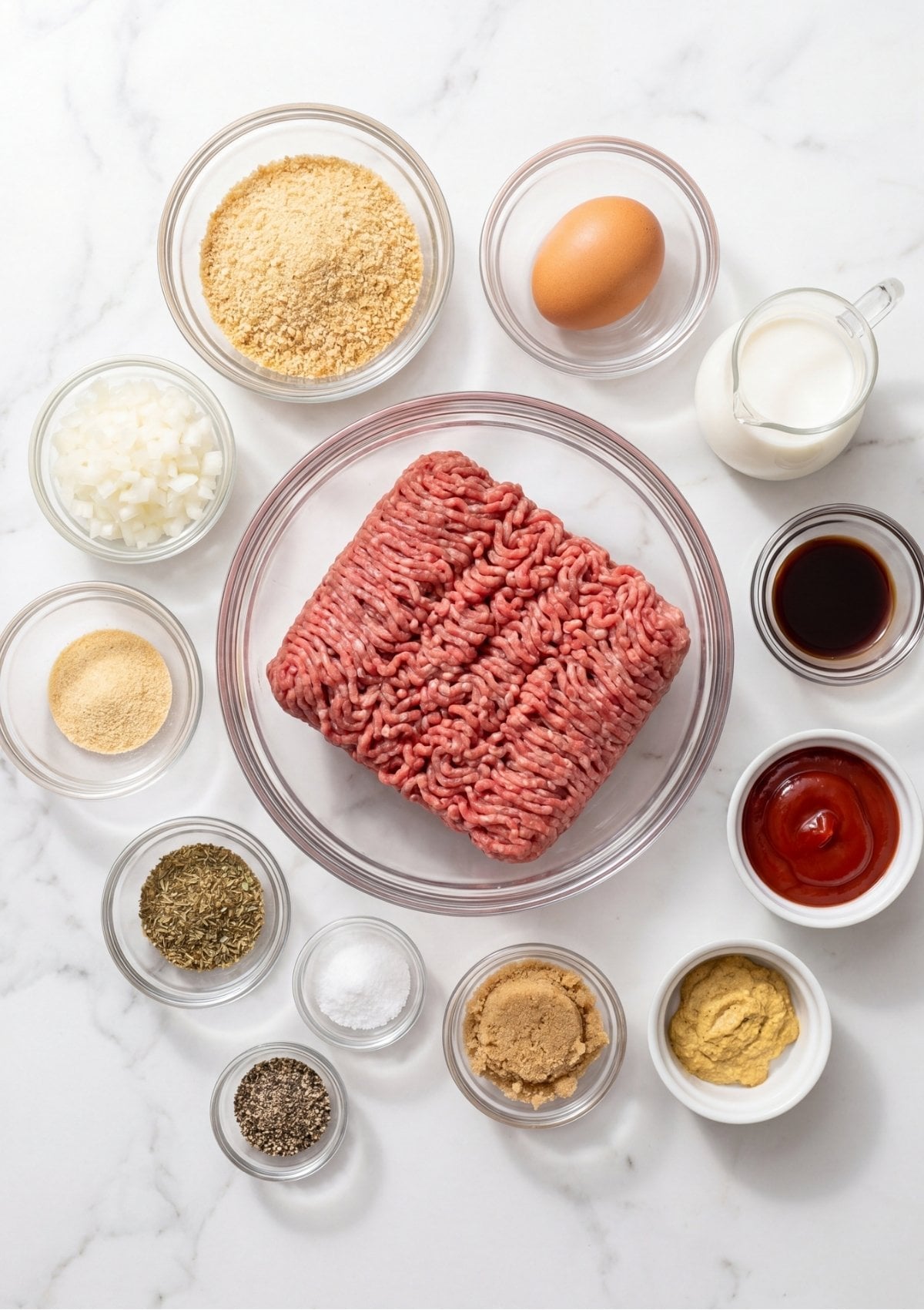 Top down view of individual bowls containing ground beef, egg, milk, breadcrumbs, chopped onions, and spices on a white marble surface.