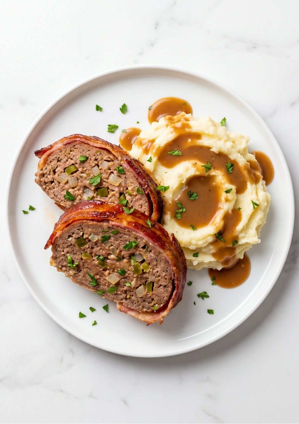 Two slices of bacon wrapped meatloaf served next to a scoop of mashed potatoes with gravy on a white plate
