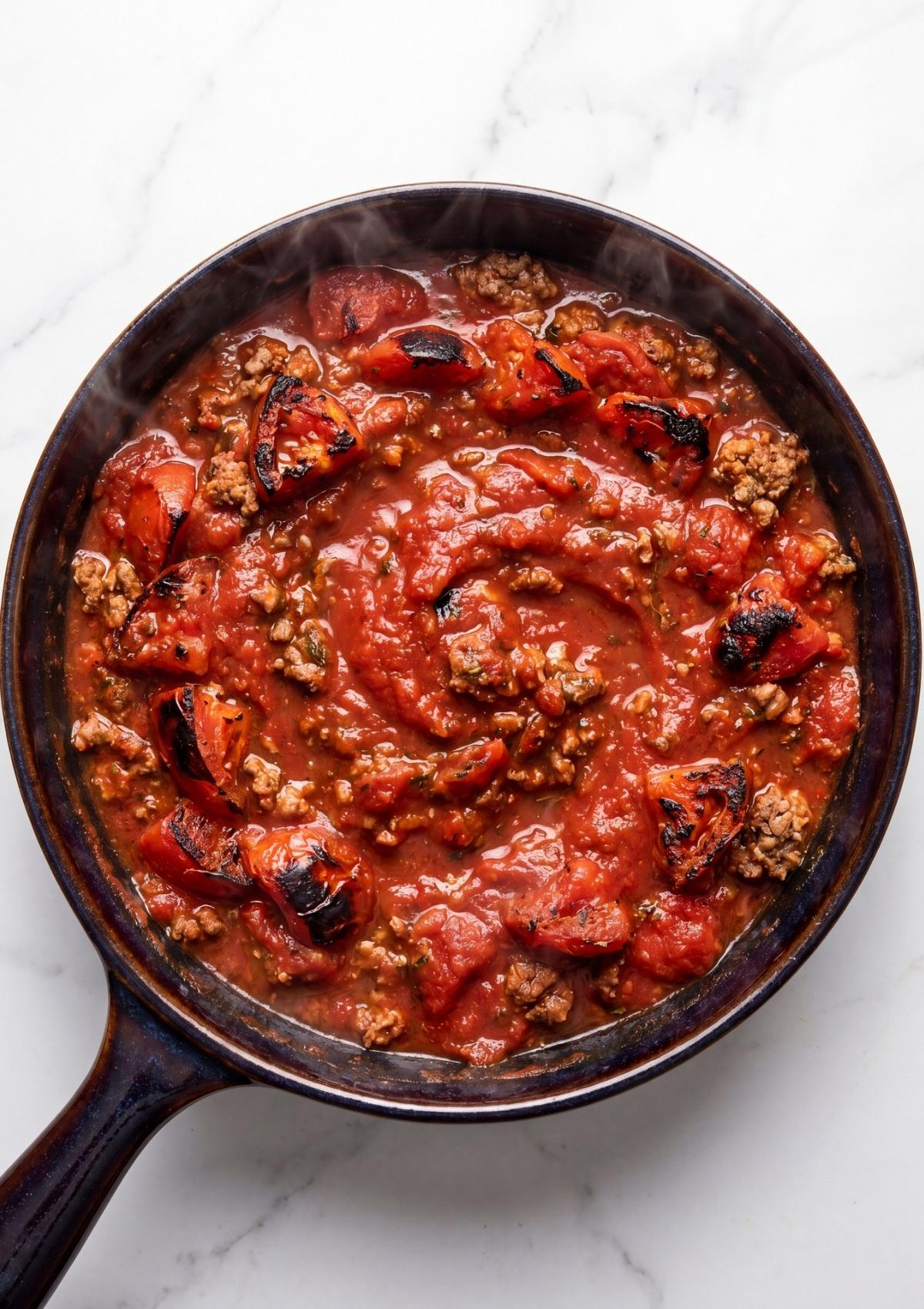 Thick tomato sauce with charred tomato chunks and ground beef cooking in a pan on a clean marble surface.