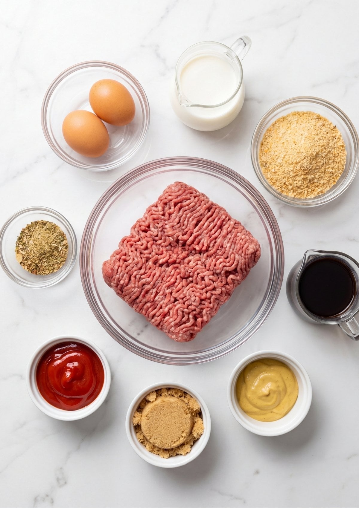 A flat lay of raw meatloaf ingredients including ground beef, eggs, milk, breadcrumbs, spices, ketchup, brown sugar, and mustard in separate bowls on a marble surface.